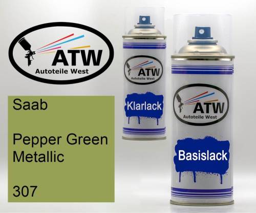 Saab, Pepper Green Metallic, 307: 400ml Sprühdose + 400ml Klarlack - Set, von ATW Autoteile West.
